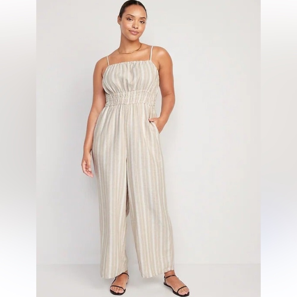 Old Navy Linen Blend Striped Wide Leg Beige Jumpsuit Size XXL